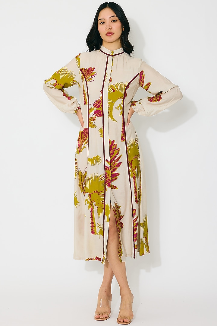 Beige & Mustard Muslin Cotton Silk Floral Shirt Summer Dress by Koai at Pernia's Pop Up Shop