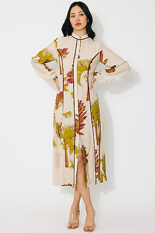 Beige & Mustard Muslin Cotton Silk Floral Shirt Dress by Koai