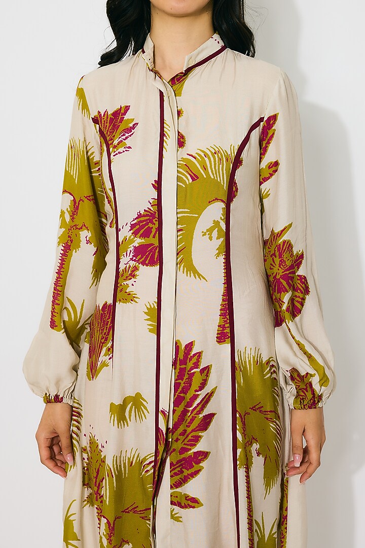Beige & Mustard Muslin Cotton Silk Floral Shirt Summer Dress by Koai at Pernia's Pop Up Shop