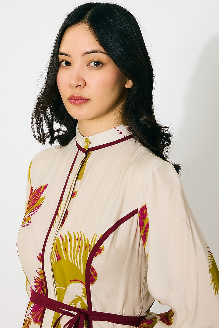 Beige & Mustard Muslin Cotton Silk Floral Shirt Summer Dress by Koai at Pernia's Pop Up Shop