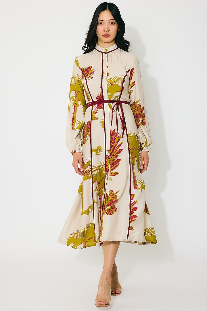 Beige & Mustard Muslin Cotton Silk Floral Shirt Summer Dress by Koai at Pernia's Pop Up Shop