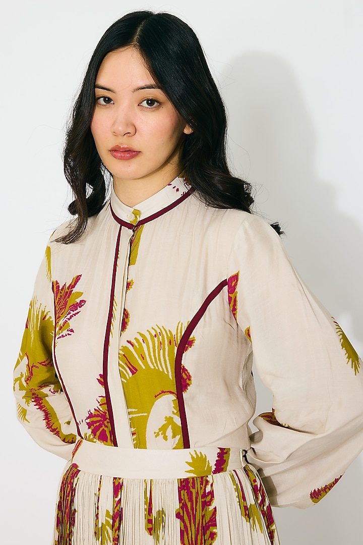 Beige & Mustard Muslin Cotton Silk Floral Top by Koai at Pernia's Pop Up Shop