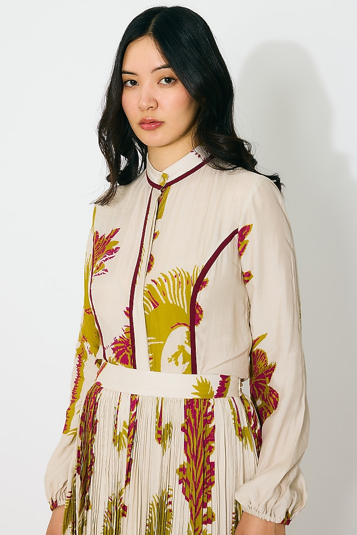 Beige & Mustard Muslin Cotton Silk Floral Top by Koai at Pernia's Pop Up Shop
