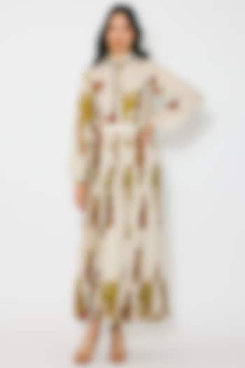 Beige & Mustard Muslin Cotton Silk Floral Crinkled Skirt by Koai at Pernia's Pop Up Shop