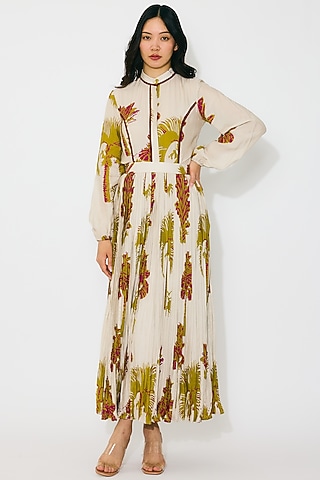 Beige & Mustard Muslin Cotton Silk Floral Crinkled Skirt by Koai