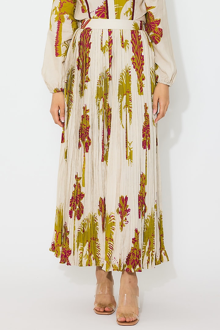 Beige & Mustard Muslin Cotton Silk Floral Crinkled Skirt by Koai at Pernia's Pop Up Shop
