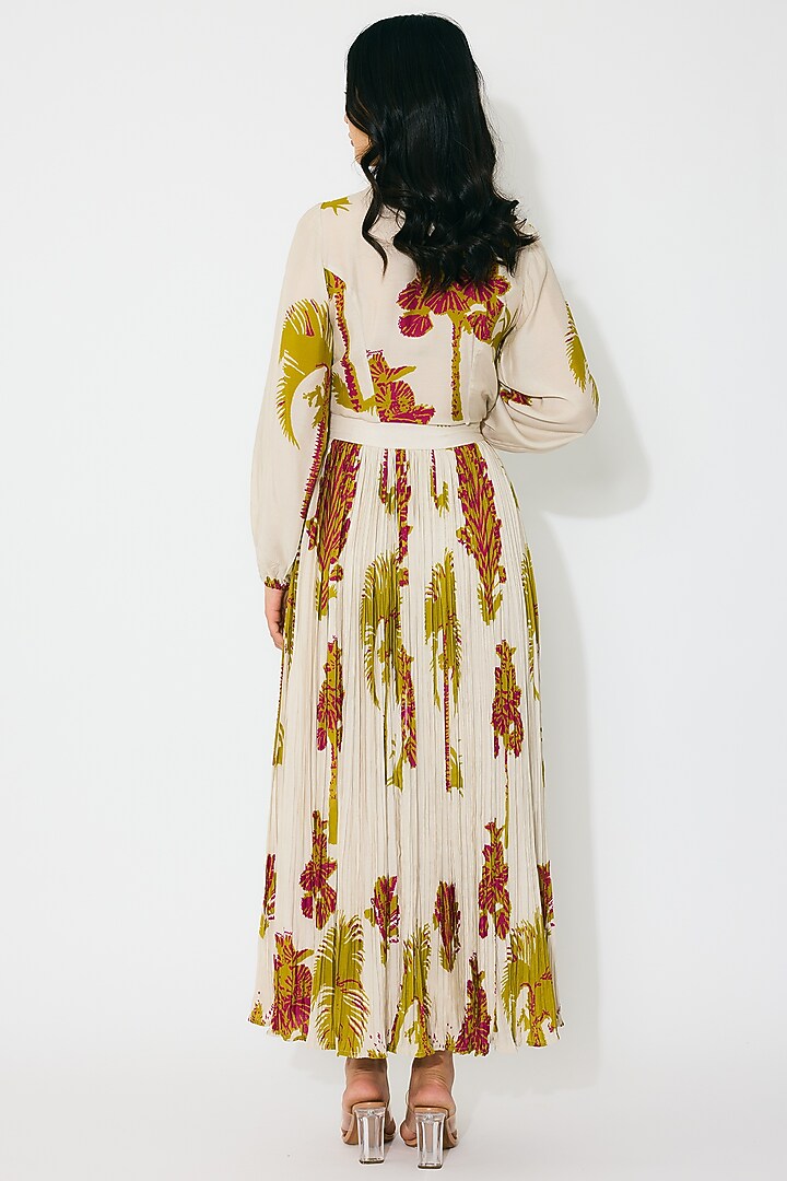 Beige & Mustard Muslin Cotton Silk Floral Crinkled Skirt by Koai at Pernia's Pop Up Shop