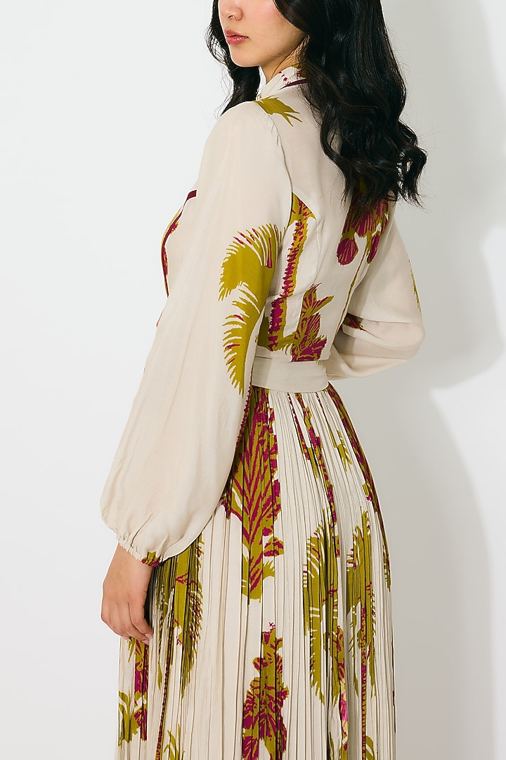 Beige & Mustard Muslin Cotton Silk Floral Crinkled Skirt by Koai at Pernia's Pop Up Shop