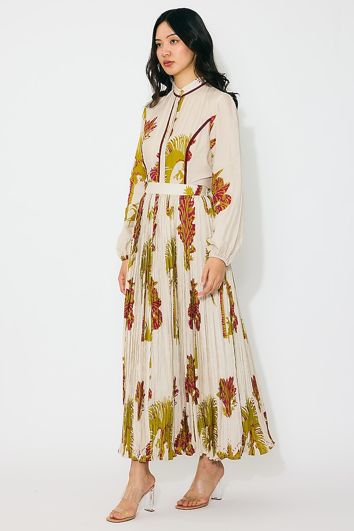 Beige & Mustard Muslin Cotton Silk Floral Crinkled Skirt by Koai at Pernia's Pop Up Shop