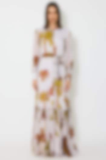 Beige & Mustard Chiffon Floral Maxi Vacation Dress by Koai at Pernia's Pop Up Shop