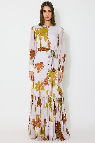 Beige & Mustard Chiffon Floral Maxi Dress by Koai