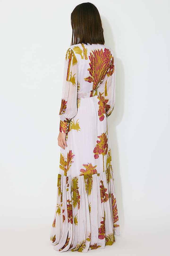 Beige & Mustard Chiffon Floral Maxi Vacation Dress by Koai at Pernia's Pop Up Shop