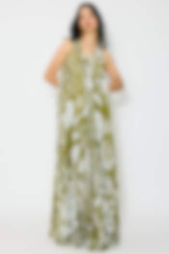 Leaf Green & White Muslin Cotton Silk Floral Maxi Vacation Dress by Koai at Pernia's Pop Up Shop