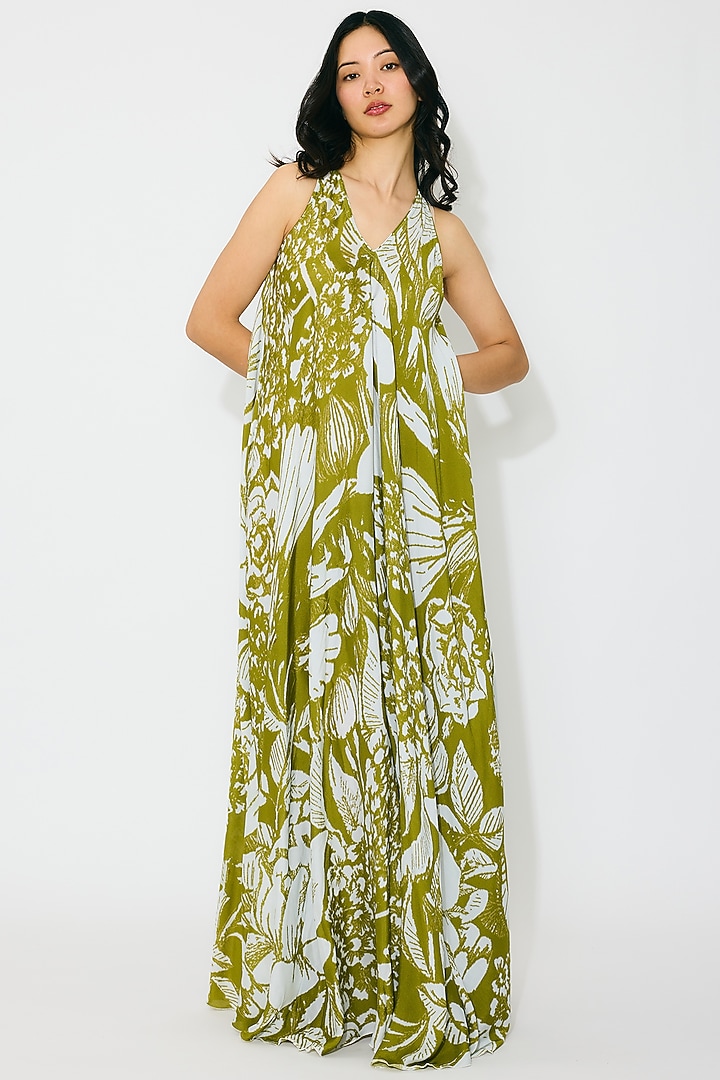 Leaf Green & White Muslin Cotton Silk Floral Maxi Vacation Dress by Koai at Pernia's Pop Up Shop