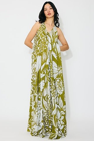 Leaf Green & White Muslin Cotton Silk Floral Maxi Dress by Koai