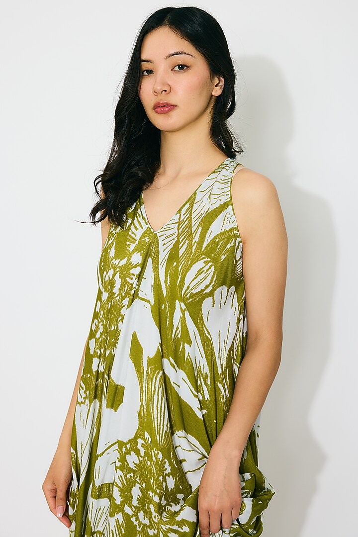 Leaf Green & White Muslin Cotton Silk Floral Maxi Vacation Dress by Koai at Pernia's Pop Up Shop