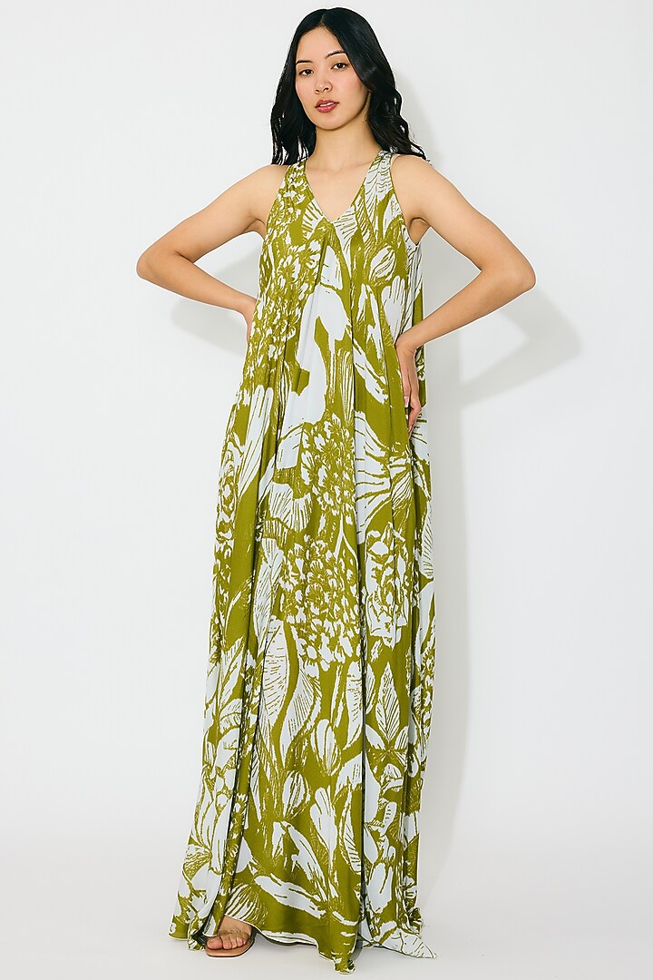 Leaf Green & White Muslin Cotton Silk Floral Maxi Vacation Dress by Koai at Pernia's Pop Up Shop