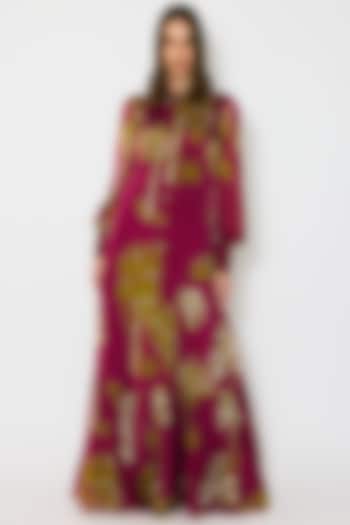 Hot Pink & Mustard Chiffon Floral Maxi Vacation Dress by Koai at Pernia's Pop Up Shop