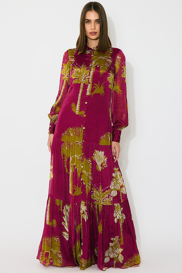 Hot Pink & Mustard Chiffon Floral Maxi Vacation Dress by Koai at Pernia's Pop Up Shop