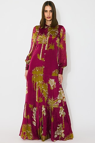 Hot Pink & Mustard Chiffon Floral Maxi Dress by Koai