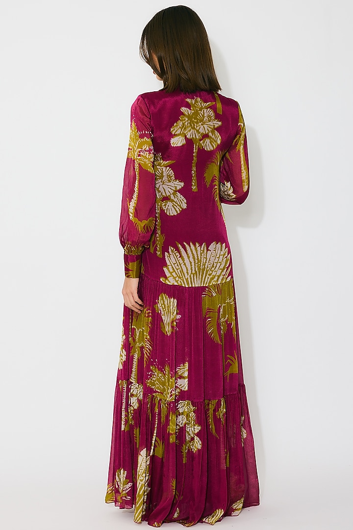 Hot Pink & Mustard Chiffon Floral Maxi Vacation Dress by Koai at Pernia's Pop Up Shop