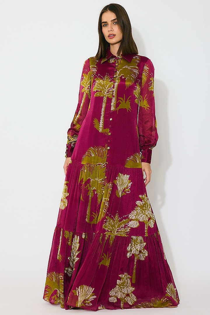 Hot Pink & Mustard Chiffon Floral Maxi Vacation Dress by Koai at Pernia's Pop Up Shop