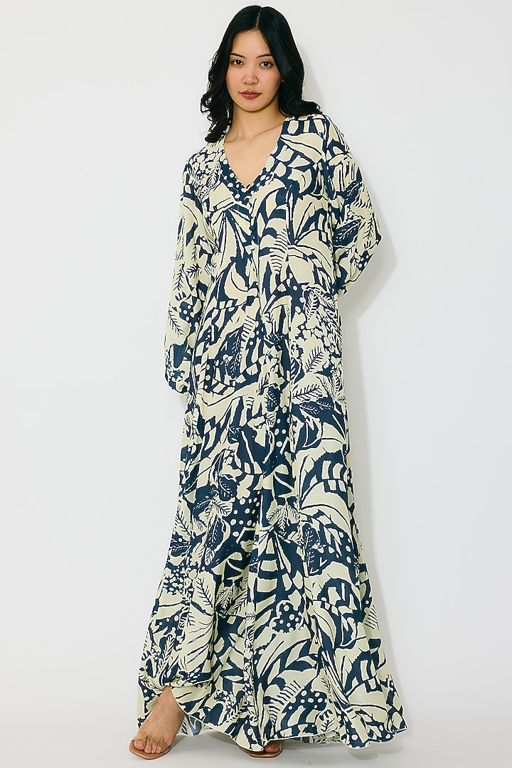 Off-White & Indigo Muslin Cotton Silk Maxi Vacation Dress by Koai at Pernia's Pop Up Shop