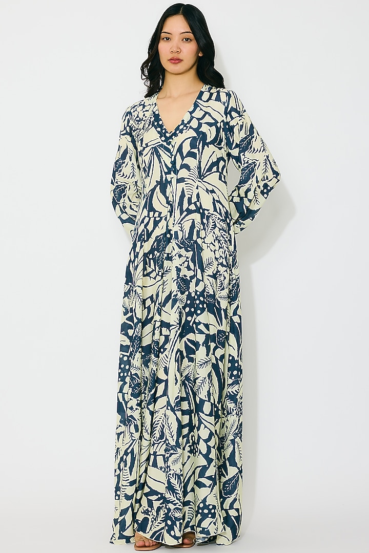 Off-White & Indigo Muslin Cotton Silk Maxi Vacation Dress by Koai at Pernia's Pop Up Shop