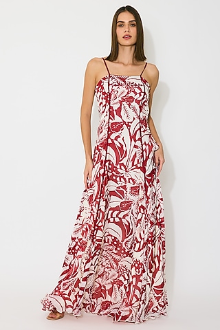 Off-White & Red Muslin Cotton Silk Maxi Dress by Koai