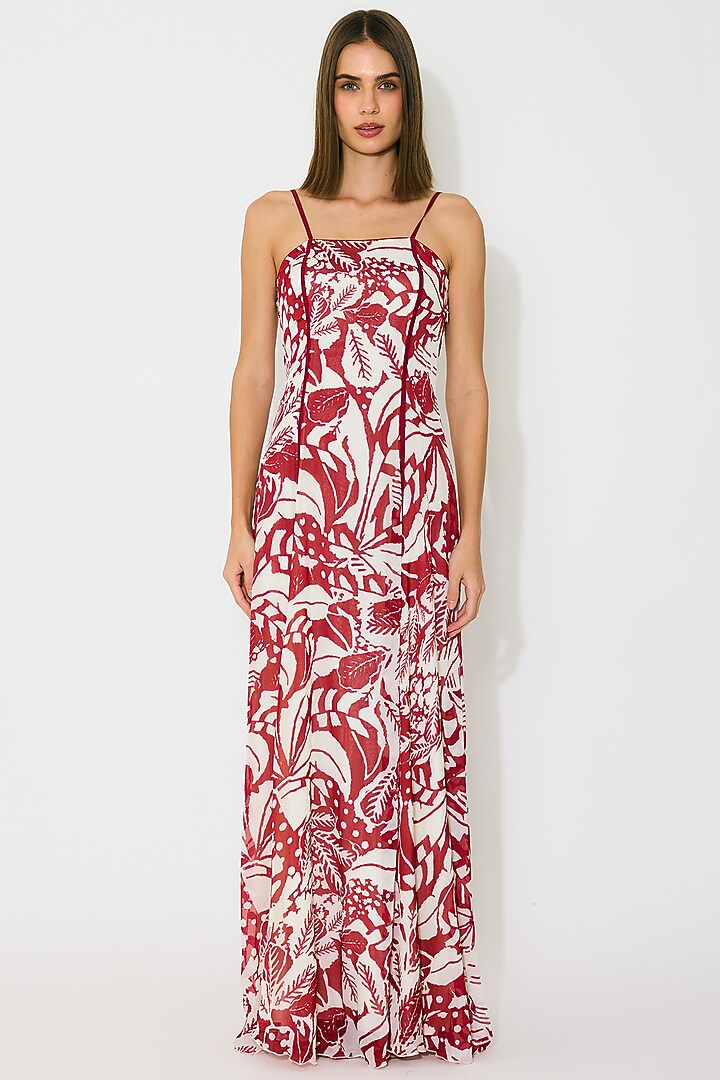 Off-White & Red Muslin Cotton Silk Maxi Vacation Dress by Koai at Pernia's Pop Up Shop