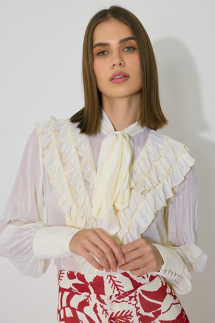 Off-White Chiffon Frill Bow-Tie Top by Koai at Pernia's Pop Up Shop