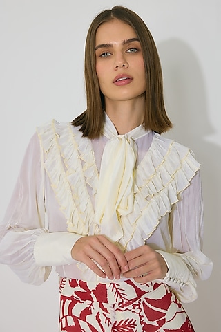 Off-White Chiffon Frill Bow-Tie Top by Koai