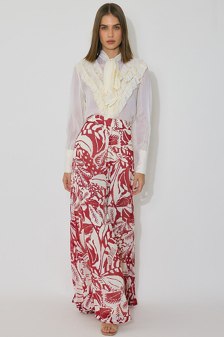 Off-White & Red Chiffon Flared Pants by Koai at Pernia's Pop Up Shop