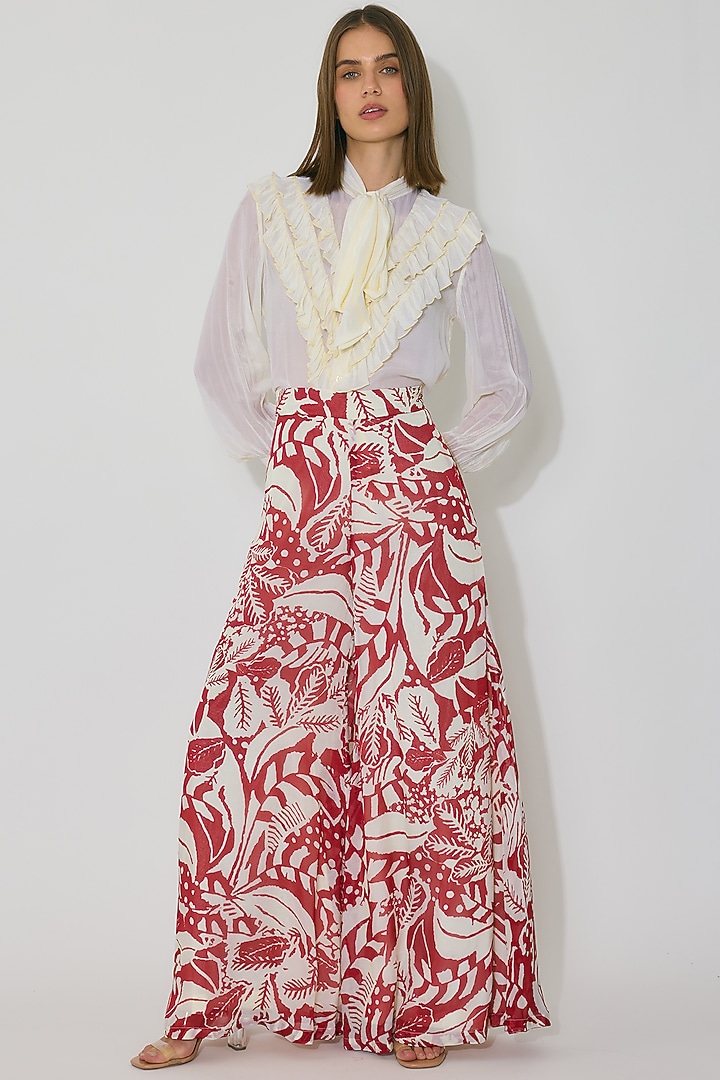 Off-White & Red Chiffon Flared Pants by Koai at Pernia's Pop Up Shop