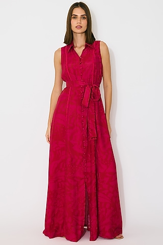 Hot Pink & Red Muslin Cotton Silk Shirt Dress by Koai