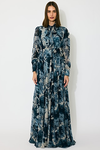 Blue & Indigo Georgette Printed Maxi Dress by Koai