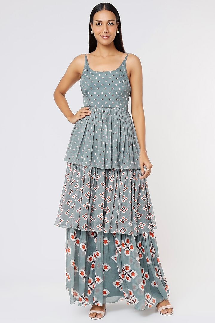 Grey Layered Printed Dress by Koai