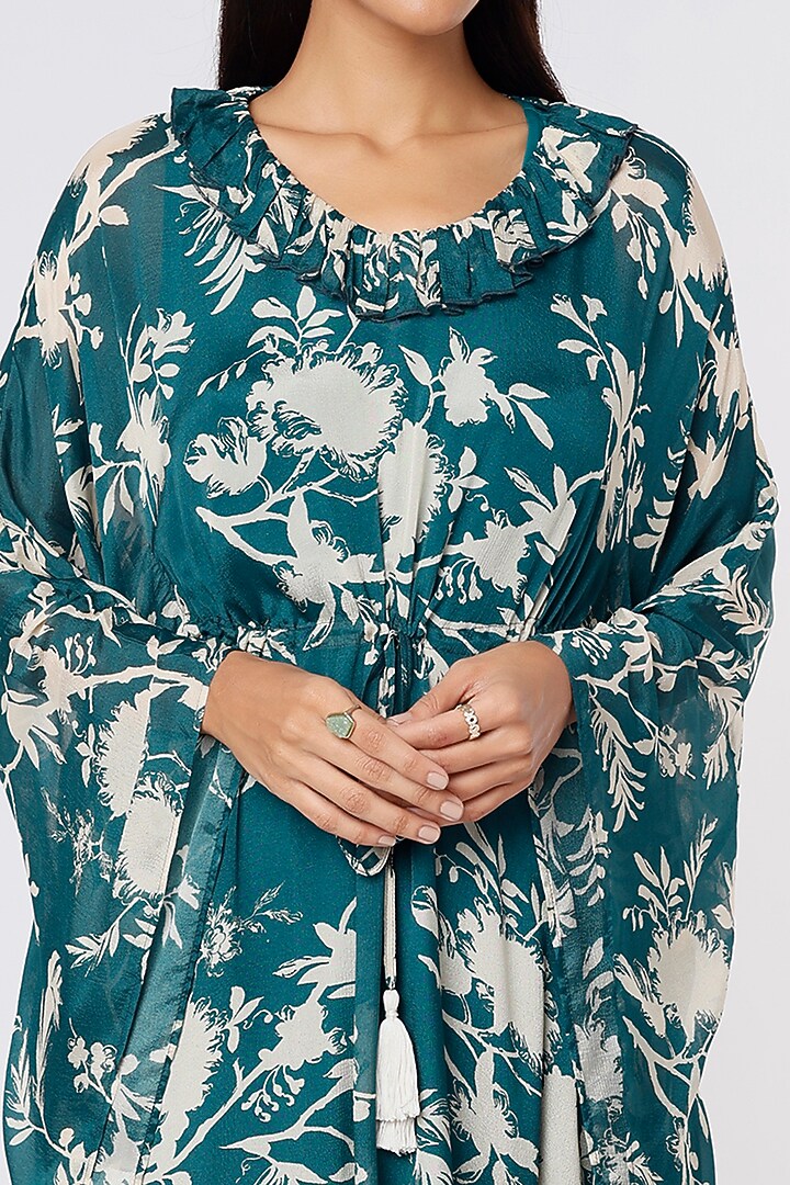 Teal & Cream Printed Kaftan by Koai at Pernia's Pop Up Shop