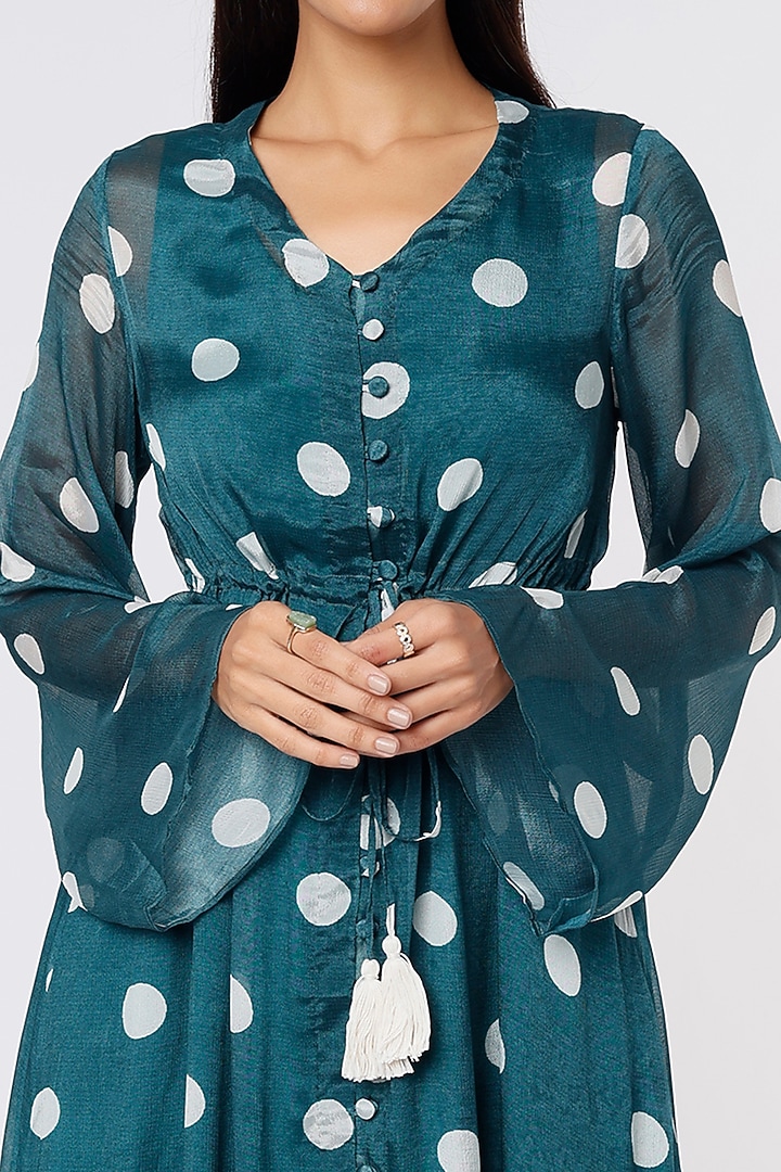 Teal & Cream Polka Dot Printed Kaftan by Koai at Pernia's Pop Up Shop