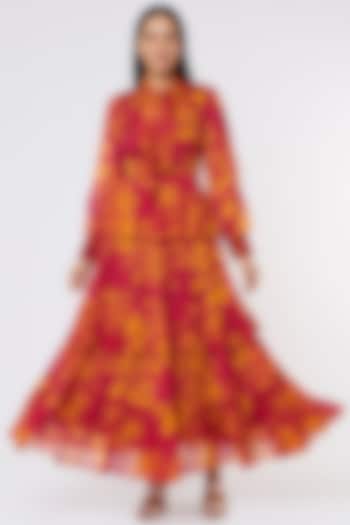 Dark Pink & Mustard Printed Maxi Vacation Dress by Koai at Pernia's Pop Up Shop