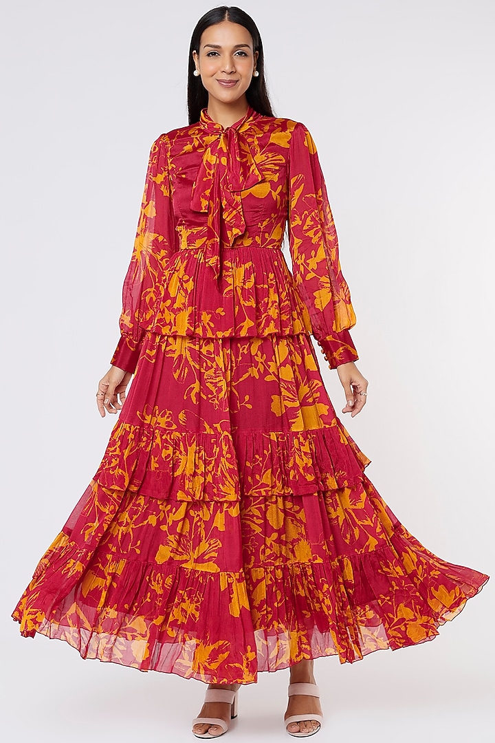 Dark Pink & Mustard Printed Maxi Dress by Koai