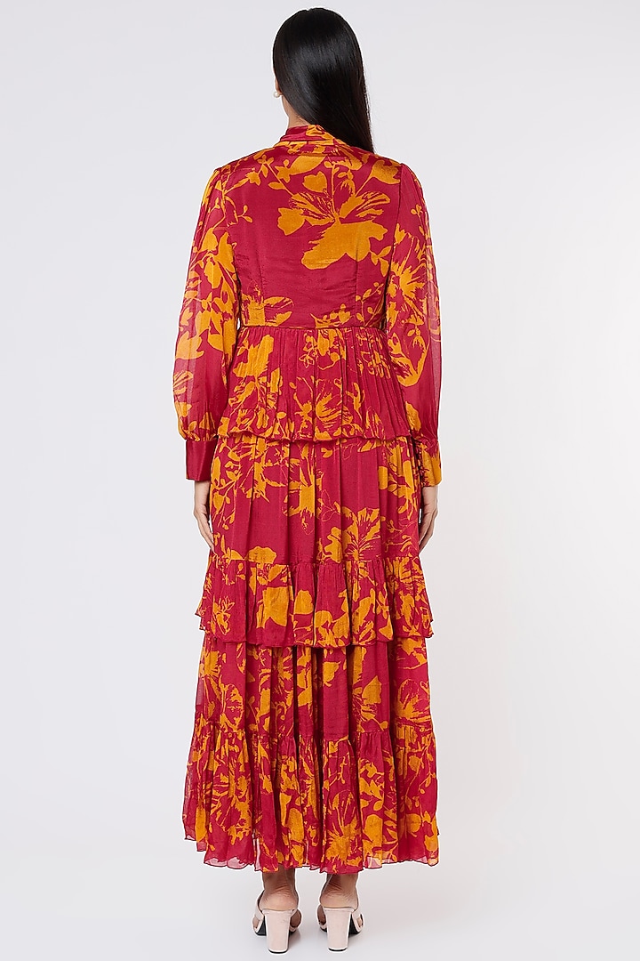 Dark Pink & Mustard Printed Maxi Vacation Dress by Koai at Pernia's Pop Up Shop