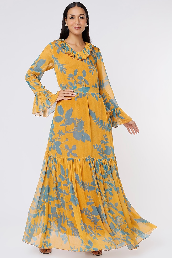 Mustard & Blue Printed Maxi Dress by Koai at Pernia's Pop Up Shop