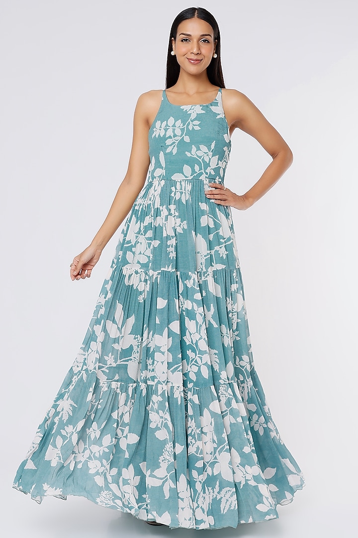 Sky Blue & White Printed Maxi Dress by Koai