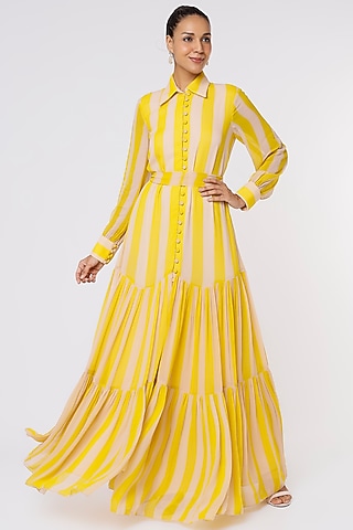 Peach & Mustard Georgette Striped Dress by Koai