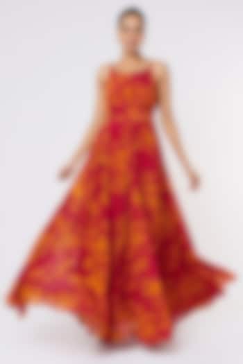 Dark Pink & Mustard Chiffon Dress by Koai