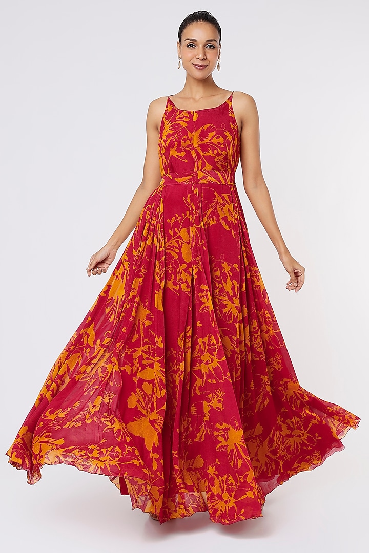 Dark Pink & Mustard Chiffon Vacation Dress by Koai at Pernia's Pop Up Shop