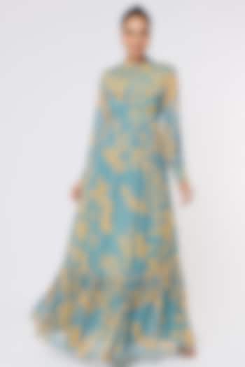 Blue & Mustard Georgette Frilled Maxi Vacation Dress by Koai at Pernia's Pop Up Shop