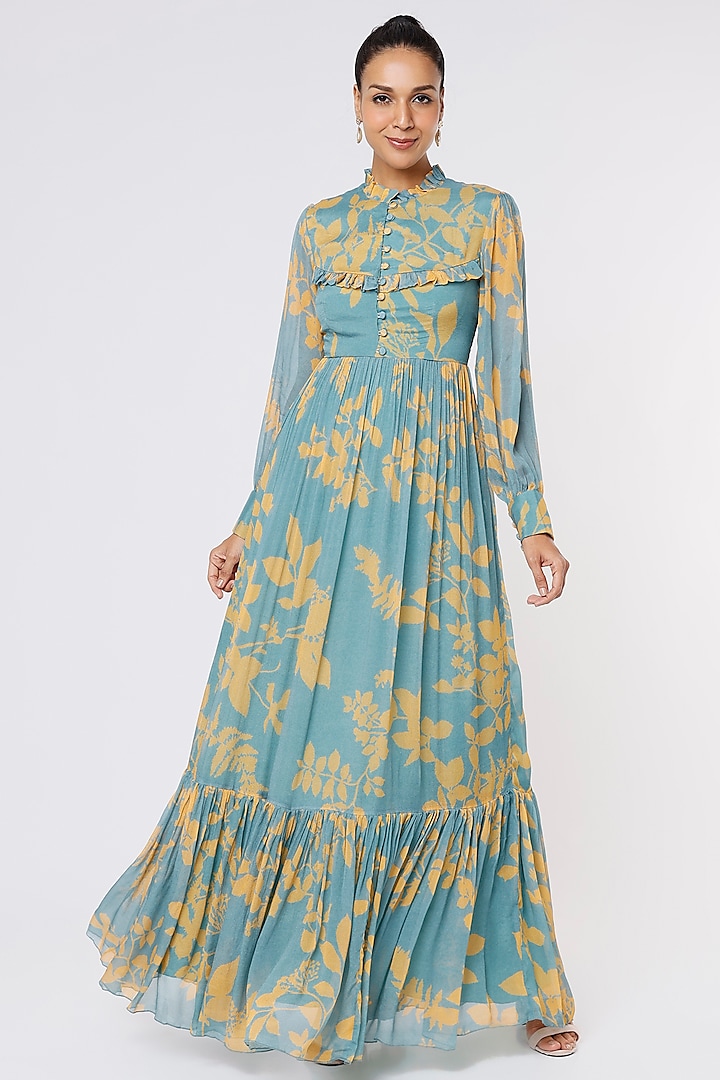 Blue & Mustard Georgette Frilled Maxi Vacation Dress by Koai at Pernia's Pop Up Shop