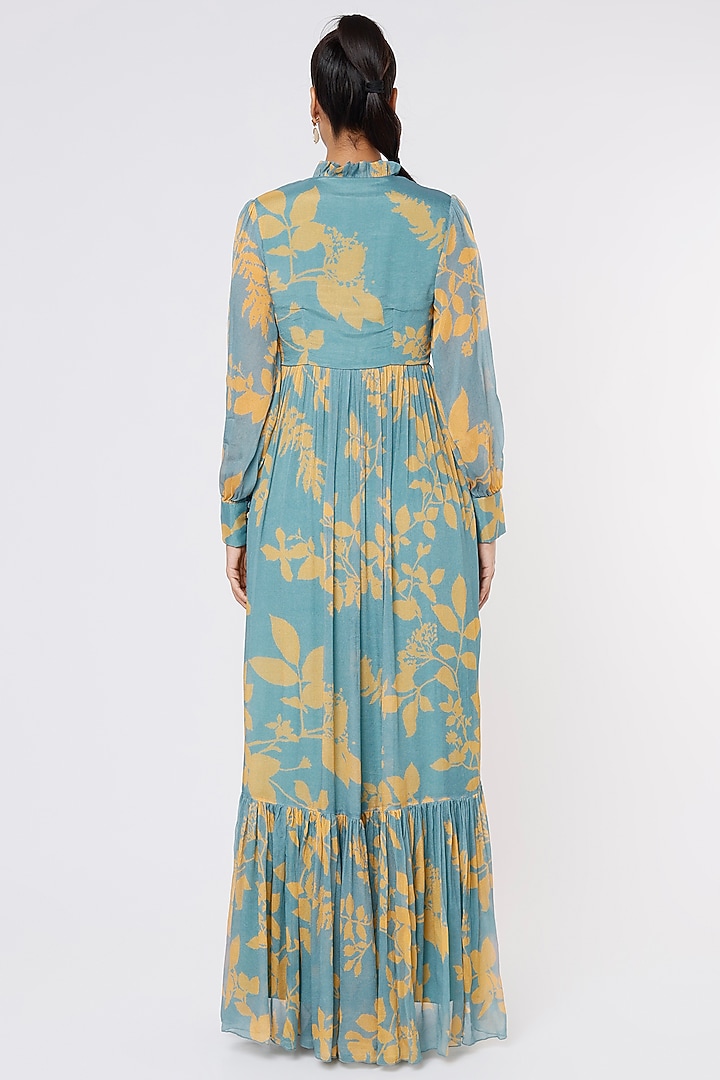 Blue & Mustard Georgette Frilled Maxi Vacation Dress by Koai at Pernia's Pop Up Shop